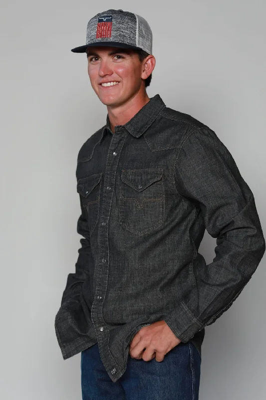 Plus Size Men's Striped Chambray Casual Shirts with a Spread Collar for a Preppy AppearanceKimes Ranch Mens Grimes Denim Black Denim Cotton Blend L/S Shirt Plus Size Men's Striped Chambray Casual Shirts with a Spread Collar for a Preppy AppearanceKimes Ranch Mens Grimes Denim Black Denim Cotton Blend L/S Shirt