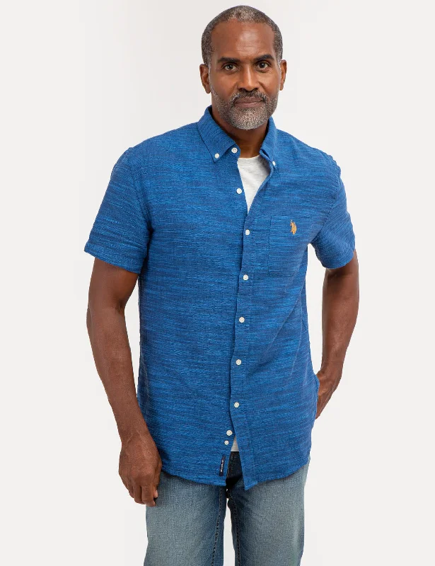 Men's Sustainable Recycled Material Casual Shirts for Eco - Conscious ConsumersHORIZONTAL SLUB SHORT SLEEVE WOVEN SHIRT Men's Sustainable Recycled Material Casual Shirts for Eco - Conscious ConsumersHORIZONTAL SLUB SHORT SLEEVE WOVEN SHIRT