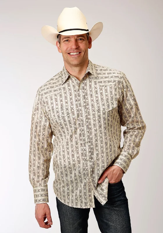Men's Embroidered Detail Casual Shirts in Beige for a Touch of EleganceRoper Mens Cream/Brown Cotton Blend Wallpaper L/S Tall Shirt Men's Embroidered Detail Casual Shirts in Beige for a Touch of EleganceRoper Mens Cream/Brown Cotton Blend Wallpaper L/S Tall Shirt