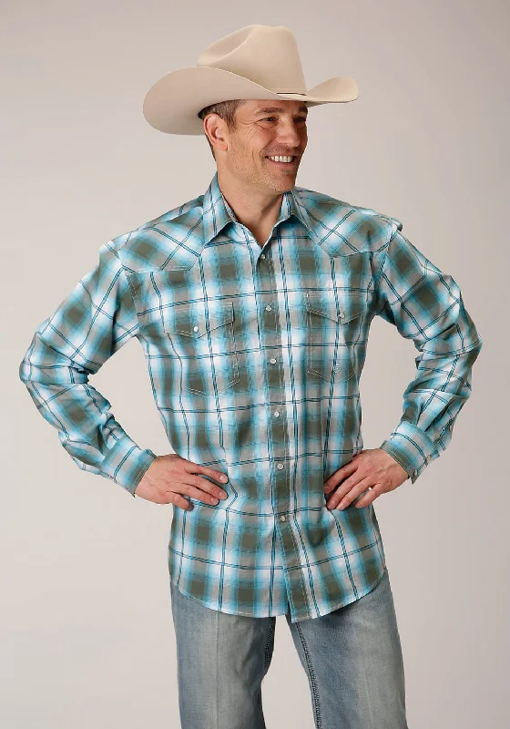 Men's Two - Tone Contrast Panel Casual Shirts in White and Navy for a Stylish and Eye - Catching DesignRoper Mens Meadow Plaid Green 100% Cotton L/S Shirt Men's Two - Tone Contrast Panel Casual Shirts in White and Navy for a Stylish and Eye - Catching DesignRoper Mens Meadow Plaid Green 100% Cotton L/S Shirt