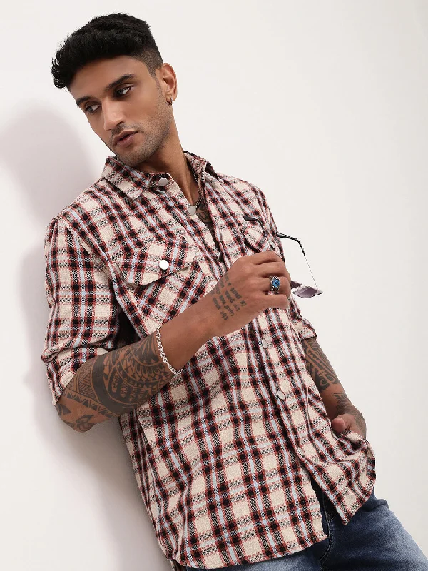 Men's Short - Sleeve Linen Casual Shirts in Light Khaki for a Breathable Summer OptionMen Beige Checked Shacket Men's Short - Sleeve Linen Casual Shirts in Light Khaki for a Breathable Summer OptionMen Beige Checked Shacket