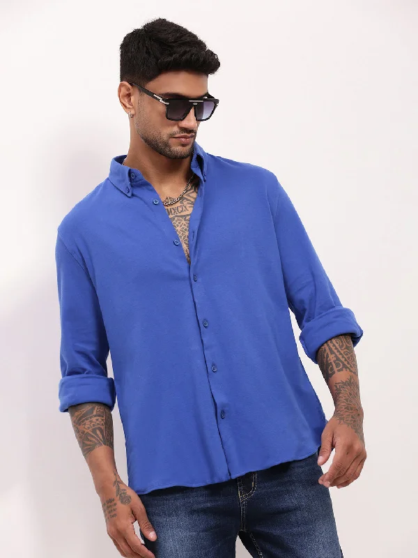 Men's Thermal - Lined Casual Shirts in Black for Added Warmth in Cold WeatherMen Blue Solid Slim Fit Shirt Men's Thermal - Lined Casual Shirts in Black for Added Warmth in Cold WeatherMen Blue Solid Slim Fit Shirt
