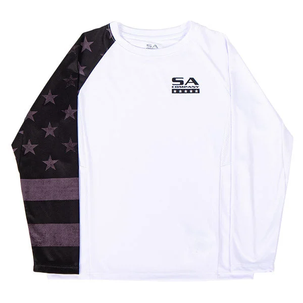 Men's Embroidered Detail Casual Shirts in Beige for a Touch of EleganceKids Performance Long Sleeve Shirt | White | Blackout American Flag Men's Embroidered Detail Casual Shirts in Beige for a Touch of EleganceKids Performance Long Sleeve Shirt | White | Blackout American Flag