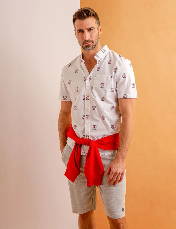 Men's Short - Sleeve Linen Casual Shirts in Light Khaki for a Breathable Summer OptionALL OVER CREST PRINT OXFORD SHORT SLEEVE SHIRT Men's Short - Sleeve Linen Casual Shirts in Light Khaki for a Breathable Summer OptionALL OVER CREST PRINT OXFORD SHORT SLEEVE SHIRT