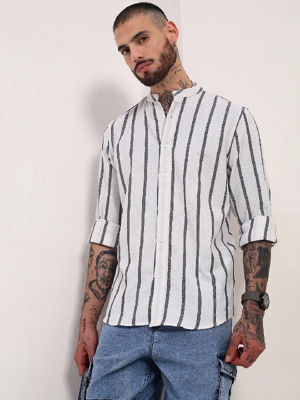 Men's Retro - Style Hawaiian Print Casual Shirts in Bold Patterns for a Tropical VacationMen White Striped Slim Fit Shirt Men's Retro - Style Hawaiian Print Casual Shirts in Bold Patterns for a Tropical VacationMen White Striped Slim Fit Shirt
