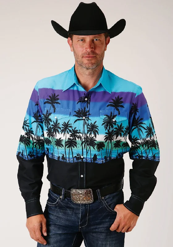 Men's Embroidered Detail Casual Shirts in Beige for a Touch of EleganceRoper Mens Blue 100% Cotton Beach Roundup L/S Snap Shirt Men's Embroidered Detail Casual Shirts in Beige for a Touch of EleganceRoper Mens Blue 100% Cotton Beach Roundup L/S Snap Shirt
