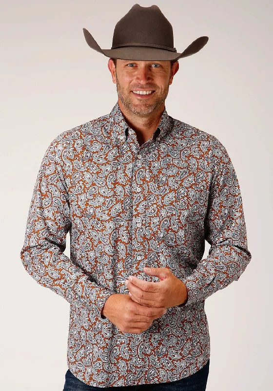 Men's Short - Sleeve Linen Casual Shirts in Light Khaki for a Breathable Summer OptionRoper Mens Orange 100% Cotton Copper Spring Paisley BD L/S Shirt Men's Short - Sleeve Linen Casual Shirts in Light Khaki for a Breathable Summer OptionRoper Mens Orange 100% Cotton Copper Spring Paisley BD L/S Shirt