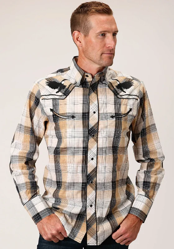 Men's Tailored Fit Checkered Casual Shirts in Multicolor for a Smart - Casual EnsembleRoper Mens Eagle Plaid Black/Khaki Cotton Blend L/S Shirt
