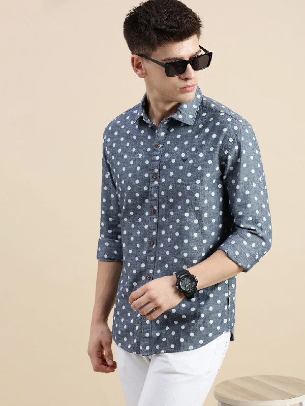 Men's Organic Cotton Casual Shirts with a Soft Handfeel for Everyday ComfortMen Spread Collar Printed Blue Shirt Men's Organic Cotton Casual Shirts with a Soft Handfeel for Everyday ComfortMen Spread Collar Printed Blue Shirt