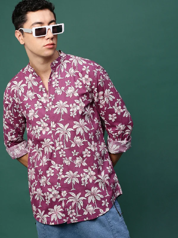Men's Linen Blend Casual Shirts with Roll - Up Sleeves for a Summer Beach LookMen Pink Floral Slim Fit Shirt Men's Linen Blend Casual Shirts with Roll - Up Sleeves for a Summer Beach LookMen Pink Floral Slim Fit Shirt