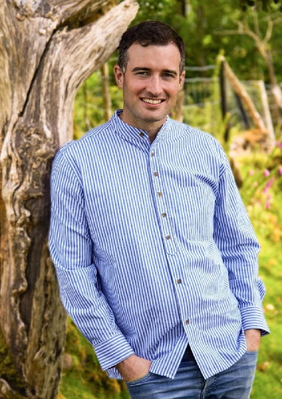 Men's Distressed Denim Casual Shirts with Frayed Edges for a Trendy and Rugged LookVintage Cotton Grandfather Shirt | Blue Stripe Men's Distressed Denim Casual Shirts with Frayed Edges for a Trendy and Rugged LookVintage Cotton Grandfather Shirt | Blue Stripe