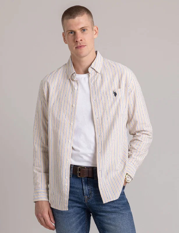 Men's Distressed Denim Casual Shirts with Frayed Edges for a Trendy and Rugged LookVERTICAL STRIPE YARN DYE OXFORD SHIRT Men's Distressed Denim Casual Shirts with Frayed Edges for a Trendy and Rugged LookVERTICAL STRIPE YARN DYE OXFORD SHIRT