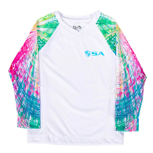 Men's Wrinkle - Resistant Polyester Blend Casual Shirts for Easy Travel and MaintenanceGirls Performance Long Sleeve Shirt | White | Rainbow
