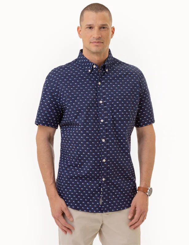 Men's Two - Tone Contrast Panel Casual Shirts in White and Navy for a Stylish and Eye - Catching DesignALL OVER DOUBLE DOT PRINT SHORT SLEEVE SHIRT Men's Two - Tone Contrast Panel Casual Shirts in White and Navy for a Stylish and Eye - Catching DesignALL OVER DOUBLE DOT PRINT SHORT SLEEVE SHIRT