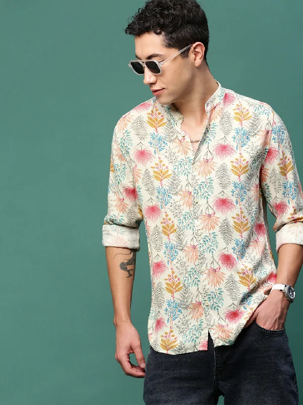 Men's Retro - Style Hawaiian Print Casual Shirts in Bold Patterns for a Tropical VacationMen Cream Floral Slim Fit Shirt Men's Retro - Style Hawaiian Print Casual Shirts in Bold Patterns for a Tropical VacationMen Cream Floral Slim Fit Shirt
