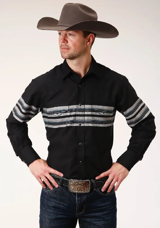Men's Sustainable Recycled Material Casual Shirts for Eco - Conscious ConsumersRoper Mens Black/Grey Cotton Blend Border Stripe L/S Shirt Men's Sustainable Recycled Material Casual Shirts for Eco - Conscious ConsumersRoper Mens Black/Grey Cotton Blend Border Stripe L/S Shirt