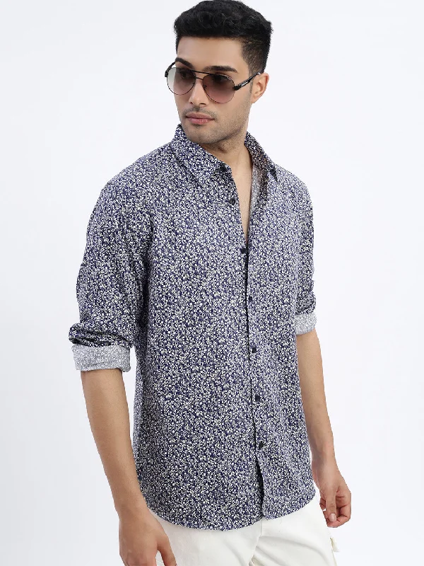 Men's Moisture - Wicking Performance Fabric Casual Shirts for Outdoor ActivitiesMen Navy Blue Micro Print Slim Fit Shirt Men's Moisture - Wicking Performance Fabric Casual Shirts for Outdoor ActivitiesMen Navy Blue Micro Print Slim Fit Shirt