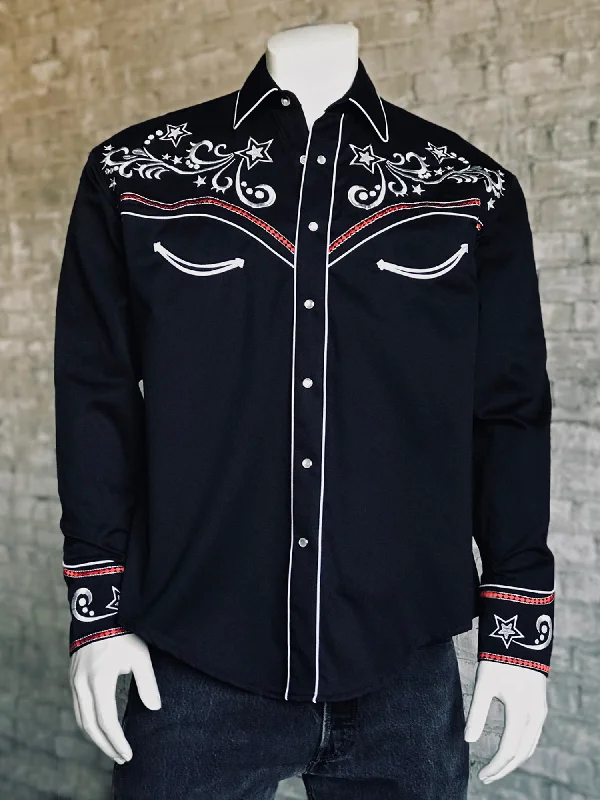 Men's Retro - Style Hawaiian Print Casual Shirts in Bold Patterns for a Tropical VacationRockmount Mens Black 100% Cotton Star & Scroll Western L/S Shirt Men's Retro - Style Hawaiian Print Casual Shirts in Bold Patterns for a Tropical VacationRockmount Mens Black 100% Cotton Star & Scroll Western L/S Shirt