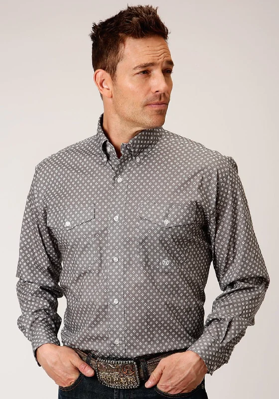 Plus Size Men's Striped Chambray Casual Shirts with a Spread Collar for a Preppy AppearanceRoper Mens Grey Cotton Blend Diamond Poplin BD L/S Btn Shirt