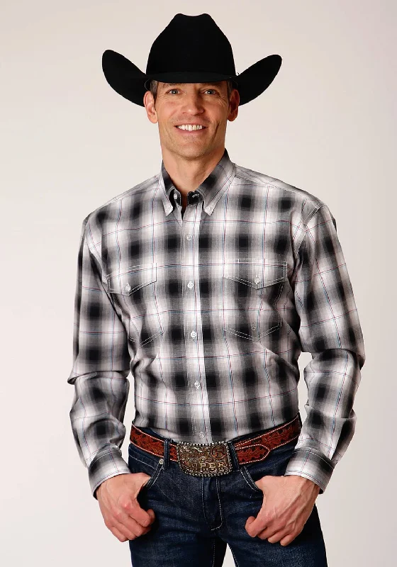 Men's Two - Tone Contrast Panel Casual Shirts in White and Navy for a Stylish and Eye - Catching DesignRoper Mens Black 100% Cotton Hills Plaid BD L/S Button Shirt Men's Two - Tone Contrast Panel Casual Shirts in White and Navy for a Stylish and Eye - Catching DesignRoper Mens Black 100% Cotton Hills Plaid BD L/S Button Shirt