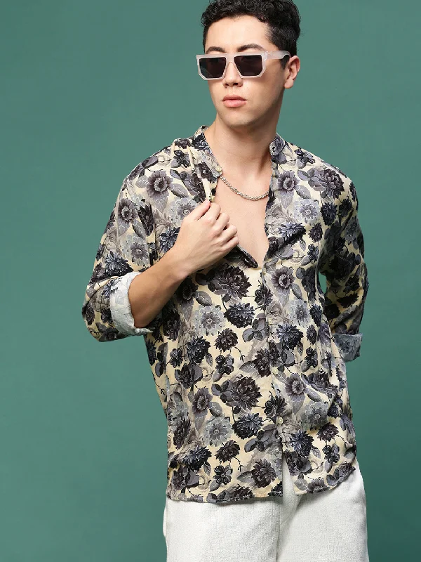 Men's Linen Blend Casual Shirts with Roll - Up Sleeves for a Summer Beach LookMen Charcoal Floral Slim Fit Shirt Men's Linen Blend Casual Shirts with Roll - Up Sleeves for a Summer Beach LookMen Charcoal Floral Slim Fit Shirt