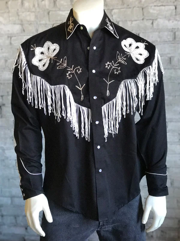 Men's Distressed Denim Casual Shirts with Frayed Edges for a Trendy and Rugged LookRockmount Mens Black 100% Cotton Vintage Fringe Western L/S Shirt