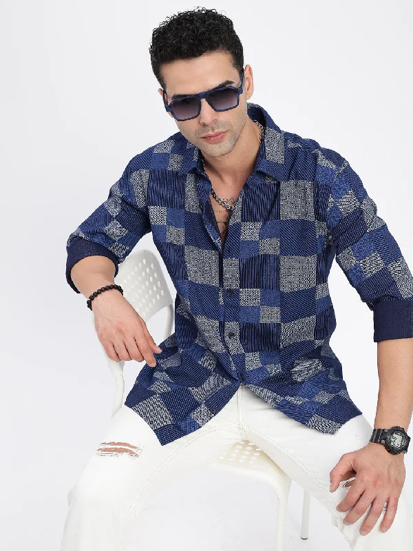 Men's Two - Tone Contrast Panel Casual Shirts in White and Navy for a Stylish and Eye - Catching DesignMen Geometric Blue Slim Fit Shirt Men's Two - Tone Contrast Panel Casual Shirts in White and Navy for a Stylish and Eye - Catching DesignMen Geometric Blue Slim Fit Shirt