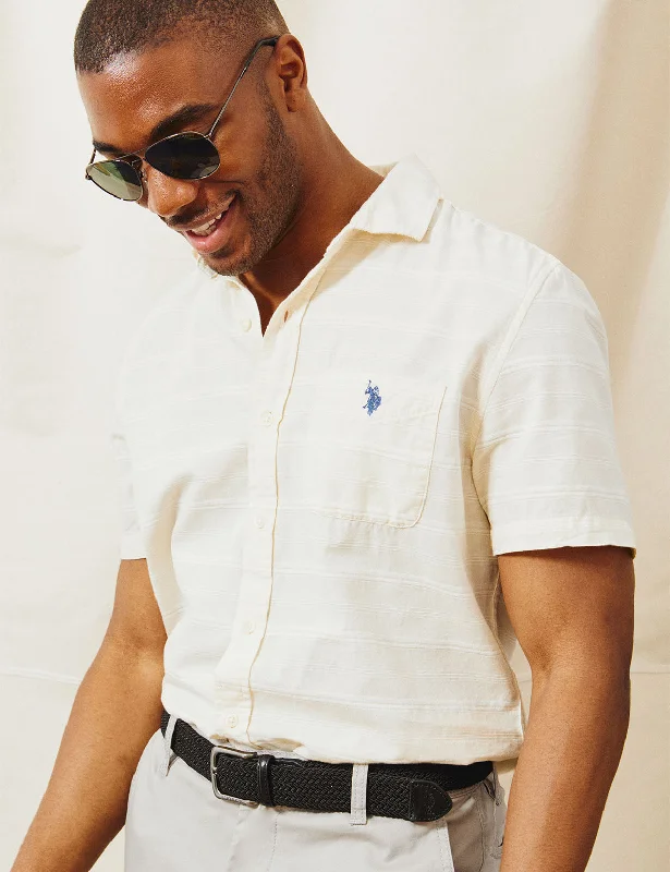 Men's Moisture - Wicking Performance Fabric Casual Shirts for Outdoor ActivitiesWHITE LABEL STRIPE SHORT SLEEVE WOVEN SHIRT Men's Moisture - Wicking Performance Fabric Casual Shirts for Outdoor ActivitiesWHITE LABEL STRIPE SHORT SLEEVE WOVEN SHIRT