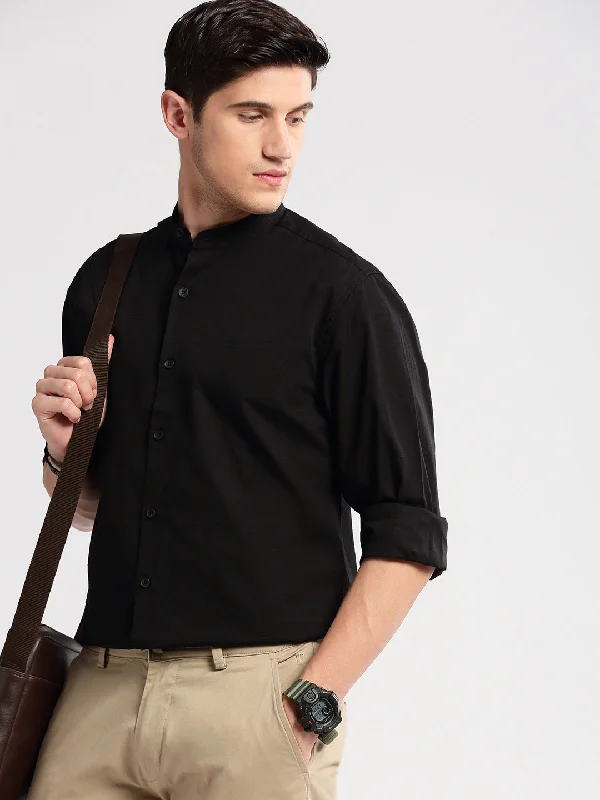 Men's Wrinkle - Resistant Polyester Blend Casual Shirts for Easy Travel and MaintenanceMen Mandarin Collar Horizontal Stripes Black Casual Shirt Men's Wrinkle - Resistant Polyester Blend Casual Shirts for Easy Travel and MaintenanceMen Mandarin Collar Horizontal Stripes Black Casual Shirt