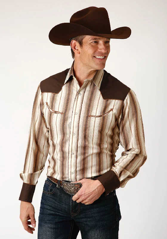 Men's Distressed Denim Casual Shirts with Frayed Edges for a Trendy and Rugged LookRoper Mens Cream Ombre Stripe Brown Cotton Blend L/S Shirt Men's Distressed Denim Casual Shirts with Frayed Edges for a Trendy and Rugged LookRoper Mens Cream Ombre Stripe Brown Cotton Blend L/S Shirt