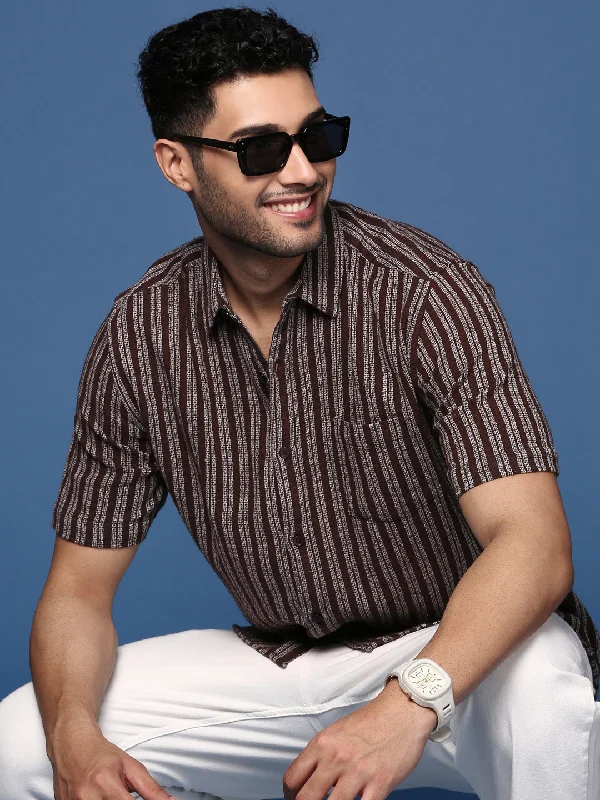 Men's Embroidered Detail Casual Shirts in Beige for a Touch of EleganceMen Striped Brown Slim Fit Shirt Men's Embroidered Detail Casual Shirts in Beige for a Touch of EleganceMen Striped Brown Slim Fit Shirt