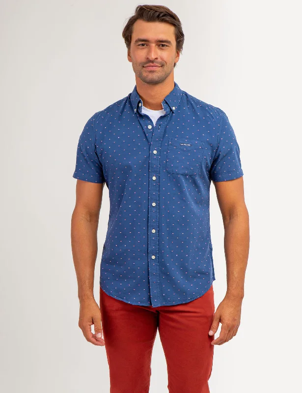 Men's Distressed Denim Casual Shirts with Frayed Edges for a Trendy and Rugged LookSWISS DOT POPLIN SHORT SLEEVE SHIRT