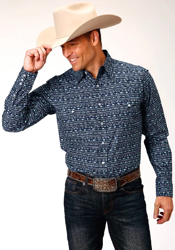 Men's Stretch - Fabric Casual Shirts in Navy Blue for a Comfortable and Flexible FitRoper Mens Zig Zag Tribal Blue 100% Cotton L/S Shirt Men's Stretch - Fabric Casual Shirts in Navy Blue for a Comfortable and Flexible FitRoper Mens Zig Zag Tribal Blue 100% Cotton L/S Shirt