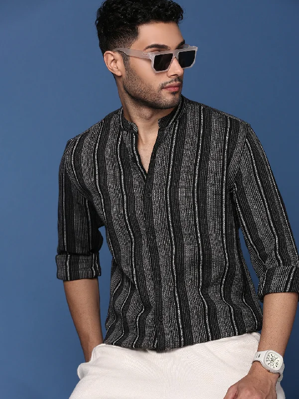 Men's Retro - Style Hawaiian Print Casual Shirts in Bold Patterns for a Tropical VacationMen Mandarin Collar Striped Black Slim Fit Shirt Men's Retro - Style Hawaiian Print Casual Shirts in Bold Patterns for a Tropical VacationMen Mandarin Collar Striped Black Slim Fit Shirt