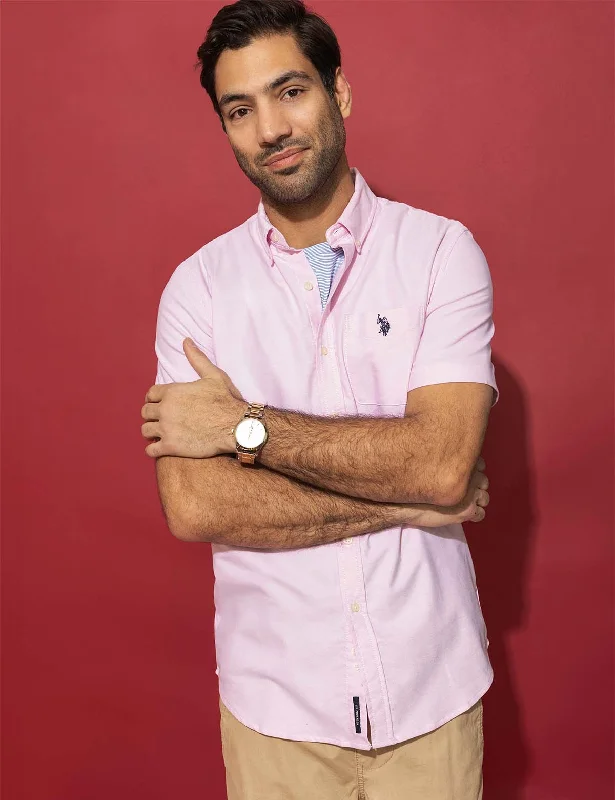 Men's Short - Sleeve Linen Casual Shirts in Light Khaki for a Breathable Summer OptionSHORT SLEEVE STRETCH OXFORD SHIRT