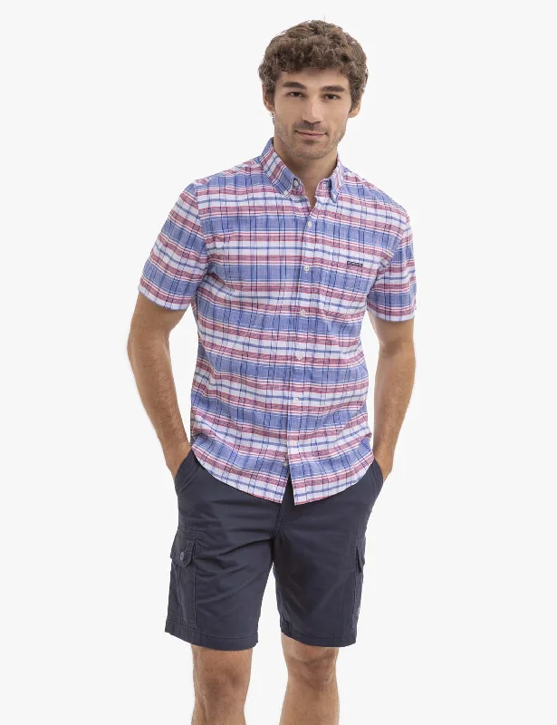 Men's Retro - Style Hawaiian Print Casual Shirts in Bold Patterns for a Tropical VacationSTRIPE SLUB POPLIN SHORT SLEEVE WOVEN SHIRT
