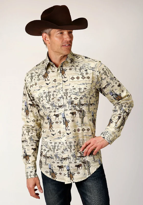 Men's Moisture - Wicking Performance Fabric Casual Shirts for Outdoor ActivitiesRoper Mens Vintage Postcard Brown 100% Cotton L/S Shirt Men's Moisture - Wicking Performance Fabric Casual Shirts for Outdoor ActivitiesRoper Mens Vintage Postcard Brown 100% Cotton L/S Shirt