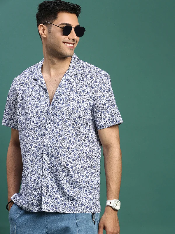 Men's Organic Cotton Casual Shirts with a Soft Handfeel for Everyday ComfortMen Cuban Collar Abstract Blue Relaxed Fit Shirt