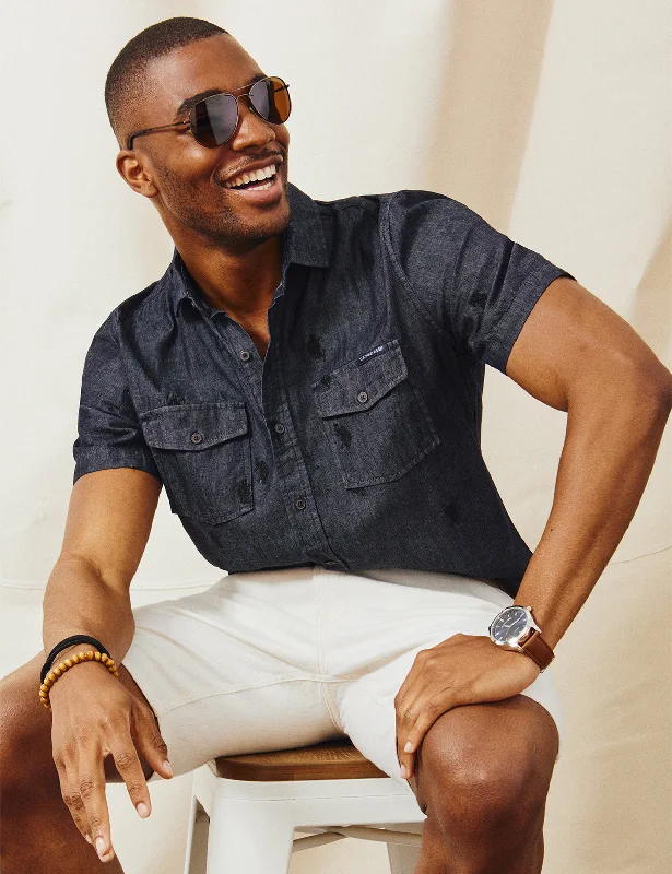 Men's Short - Sleeve Linen Casual Shirts in Light Khaki for a Breathable Summer OptionWHITE LABEL ALL OVER LOGO DENIM SHIRT Men's Short - Sleeve Linen Casual Shirts in Light Khaki for a Breathable Summer OptionWHITE LABEL ALL OVER LOGO DENIM SHIRT