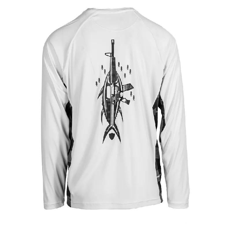 Men's Retro - Style Hawaiian Print Casual Shirts in Bold Patterns for a Tropical VacationPerformance Long Sleeve Shirt | Blackout American Flag | Tuna Attack Men's Retro - Style Hawaiian Print Casual Shirts in Bold Patterns for a Tropical VacationPerformance Long Sleeve Shirt | Blackout American Flag | Tuna Attack