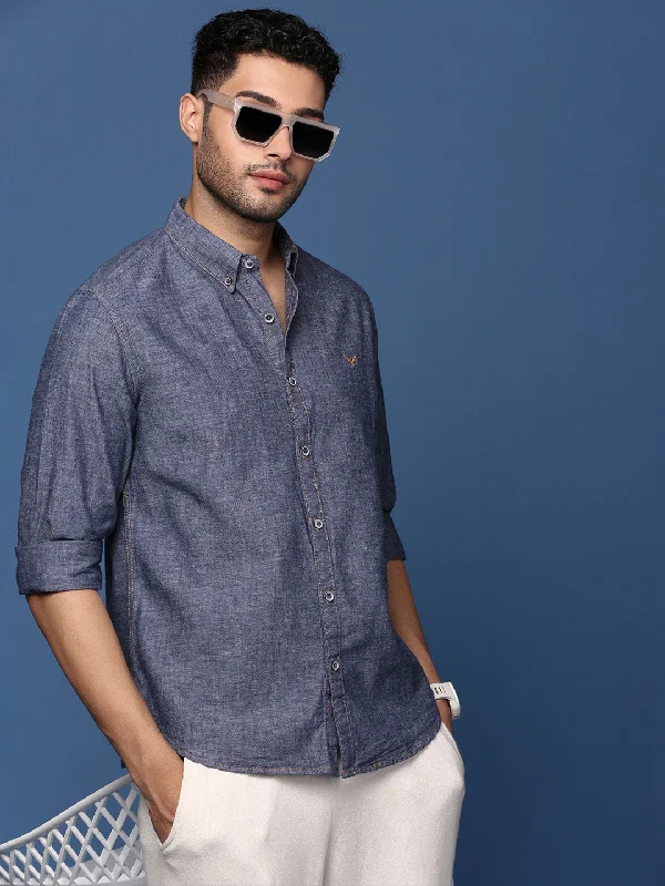 Men's Linen Blend Casual Shirts with Roll - Up Sleeves for a Summer Beach LookMen Solid Blue Slim Fit Shirt Men's Linen Blend Casual Shirts with Roll - Up Sleeves for a Summer Beach LookMen Solid Blue Slim Fit Shirt