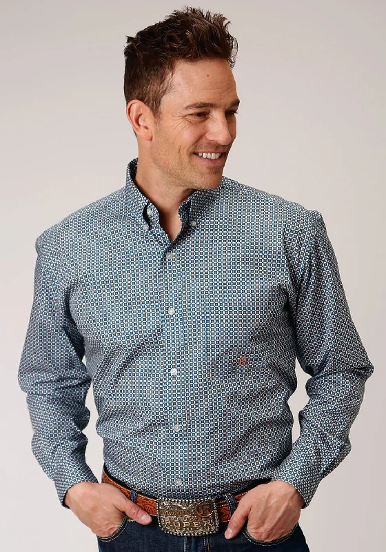 Men's Embroidered Detail Casual Shirts in Beige for a Touch of EleganceRoper Mens Blue 100% Cotton Geo BD L/S 1 Pocket Shirt Men's Embroidered Detail Casual Shirts in Beige for a Touch of EleganceRoper Mens Blue 100% Cotton Geo BD L/S 1 Pocket Shirt