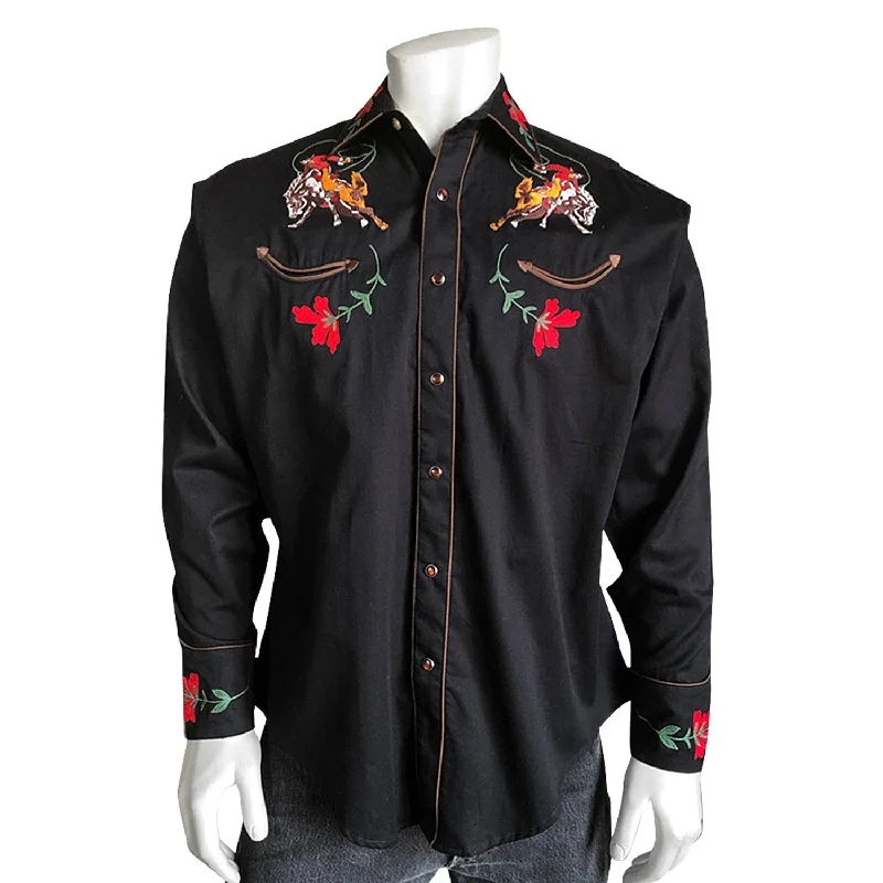 Men's Organic Cotton Casual Shirts with a Soft Handfeel for Everyday ComfortRockmount Mens Black 100% Cotton Vintage Bronc Embroidered L/S Shirt Men's Organic Cotton Casual Shirts with a Soft Handfeel for Everyday ComfortRockmount Mens Black 100% Cotton Vintage Bronc Embroidered L/S Shirt