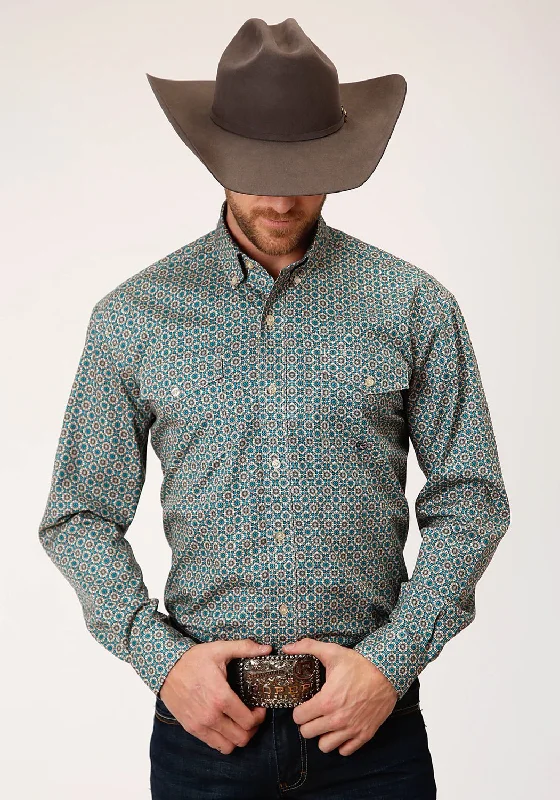 Plus Size Men's Striped Chambray Casual Shirts with a Spread Collar for a Preppy AppearanceRoper Mens Teal 100% Cotton Foulard BD L/S Amarillo Shirt Plus Size Men's Striped Chambray Casual Shirts with a Spread Collar for a Preppy AppearanceRoper Mens Teal 100% Cotton Foulard BD L/S Amarillo Shirt