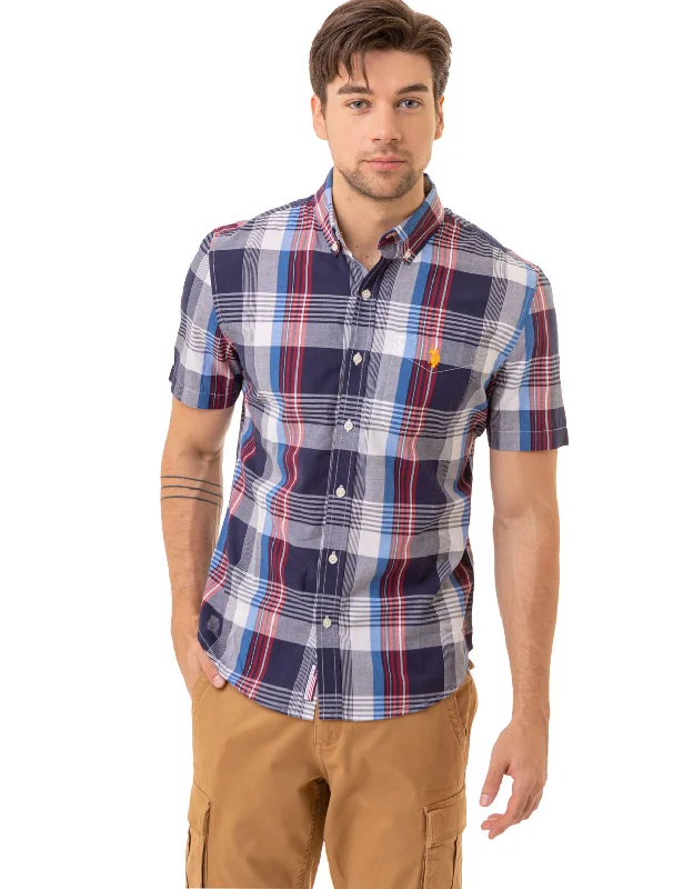 Men's Short - Sleeve Linen Casual Shirts in Light Khaki for a Breathable Summer OptionRED WHITE AND BLUE PLAID MADRAS WOVEN SHIRT Men's Short - Sleeve Linen Casual Shirts in Light Khaki for a Breathable Summer OptionRED WHITE AND BLUE PLAID MADRAS WOVEN SHIRT