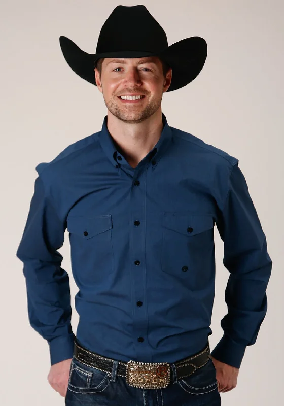 Men's Distressed Denim Casual Shirts with Frayed Edges for a Trendy and Rugged LookRoper Mens Solid Blue 100% Cotton Black Fill BD L/S Btn Shirt Men's Distressed Denim Casual Shirts with Frayed Edges for a Trendy and Rugged LookRoper Mens Solid Blue 100% Cotton Black Fill BD L/S Btn Shirt