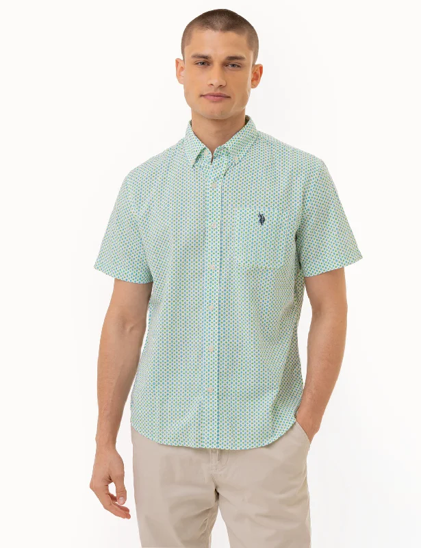 Men's Organic Cotton Casual Shirts with a Soft Handfeel for Everyday ComfortSHORT SLEEVE DIAMOND PRINT WOVEN SHIRT Men's Organic Cotton Casual Shirts with a Soft Handfeel for Everyday ComfortSHORT SLEEVE DIAMOND PRINT WOVEN SHIRT