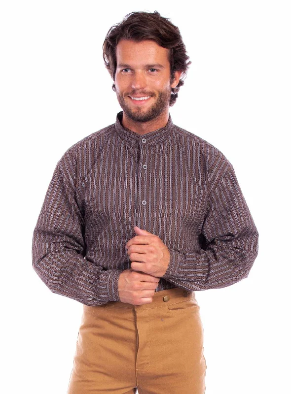 Men's Slim - Fit Printed Floral Casual Shirts in Pastel Colors for a Spring - Inspired VibeScully Mens Stripe Band Collar Brown 100% Cotton L/S Shirt Men's Slim - Fit Printed Floral Casual Shirts in Pastel Colors for a Spring - Inspired VibeScully Mens Stripe Band Collar Brown 100% Cotton L/S Shirt