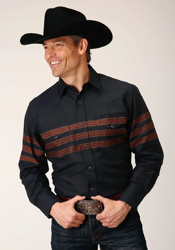 Men's Graphic - Printed Casual Shirts with Pop - Culture References for a Fun and Stylish LookRoper Mens Saddle Border Stripe Black Cotton Blend L/S Shirt Men's Graphic - Printed Casual Shirts with Pop - Culture References for a Fun and Stylish LookRoper Mens Saddle Border Stripe Black Cotton Blend L/S Shirt