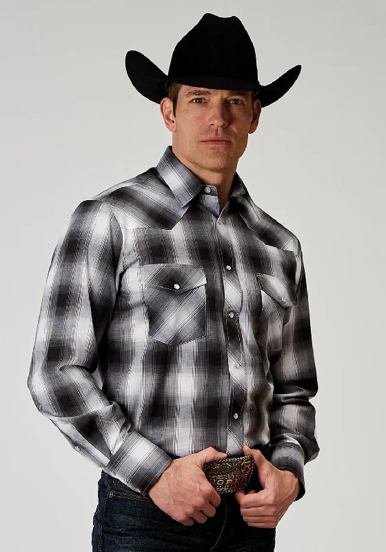 Plus Size Men's Striped Chambray Casual Shirts with a Spread Collar for a Preppy AppearanceRoper Mens 1972 Plaid Black Cotton Blend L/S Shirt Plus Size Men's Striped Chambray Casual Shirts with a Spread Collar for a Preppy AppearanceRoper Mens 1972 Plaid Black Cotton Blend L/S Shirt